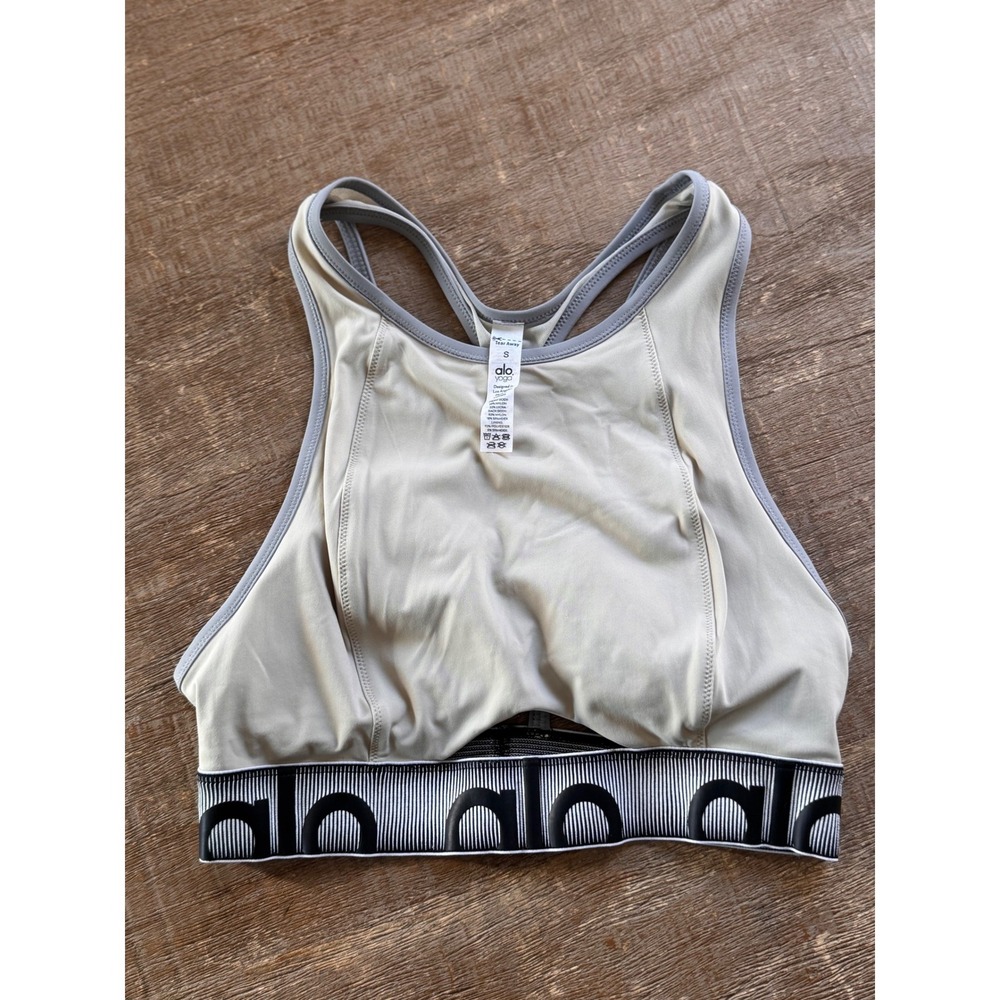 Alo Yoga Logo Band Sports Bra Small Gray High Neck Cutout Streetwear Gymcore - Picture 7 of 7